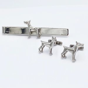 Sterling Silver Dog Cuff Links & Tie Bar Set Mid Century